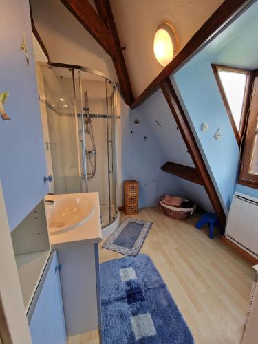 uma casa de banho com um chuveiro e um lavatório no sótão em GITE à BOISSE près d'ISSIGEAC 24560 DORDOGNE em Boisse