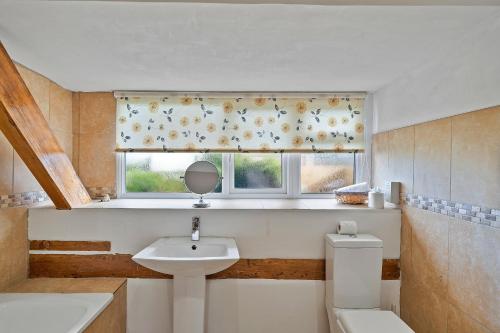 łazienka z umywalką, toaletą i oknem w obiekcie Finest Retreats - The Old School House w mieście Instow