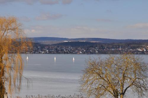 a view of a lake with sailboats in the water at Insel-Hof Reichenau Hotel-garni in Reichenau