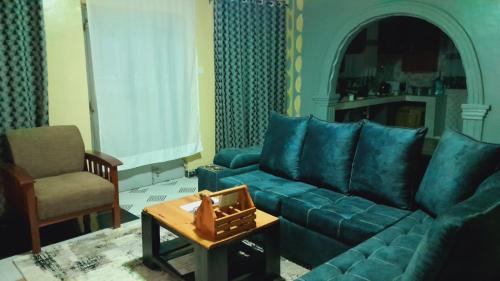 a living room with a green couch and a chair at Hotfoot Homestays in Kiganjo
