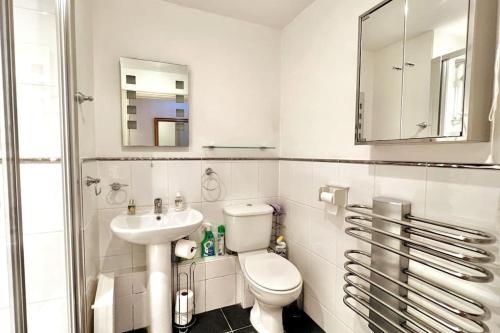 a white bathroom with a toilet and a sink at Central Spacious Ground Floor Flat with Courtyard in Kingsbridge