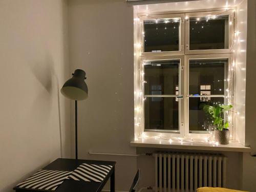 赫爾辛基的住宿－Design studio in Punavuori，一间窗户的房间,上面有灯光