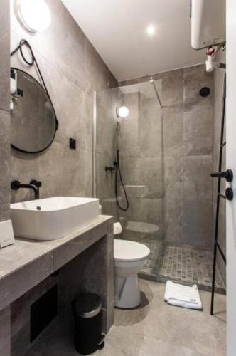 une salle de bain avec un lavabo, des toilettes et une douche dans l'établissement St Germain-Bon Marché - cosy n°2, à Paris