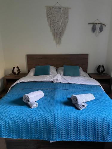a blue bed with towels on top of it at Domek na skraju lasu in Uniejow
