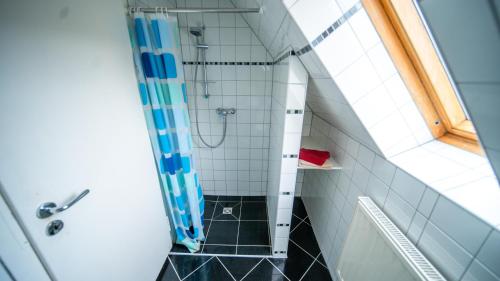 a bathroom with a shower and a black tile floor at Ferienhaus-Saale-Unstrut in Wethau