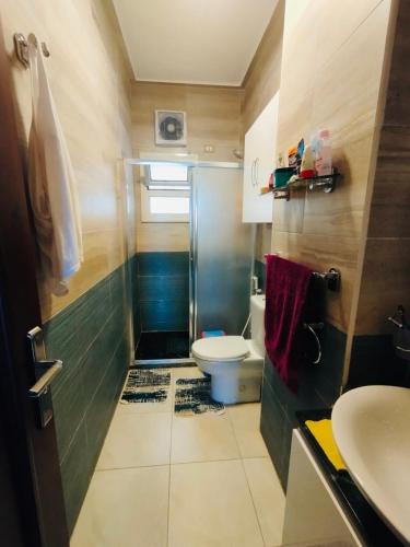 een kleine badkamer met een toilet en een wastafel bij Hurghada flat in Hurghada