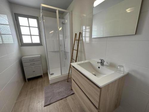 a white bathroom with a sink and a shower at Chez michou ii in Horsarrieu