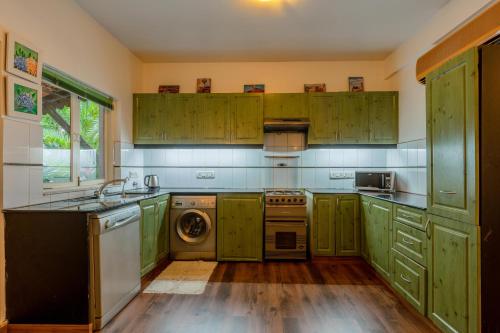 an old kitchen with green cabinets and a dishwasher at The Bumblebee- Serene 3BHK Villa- Candolim, Goa By StayMonkey in Candolim