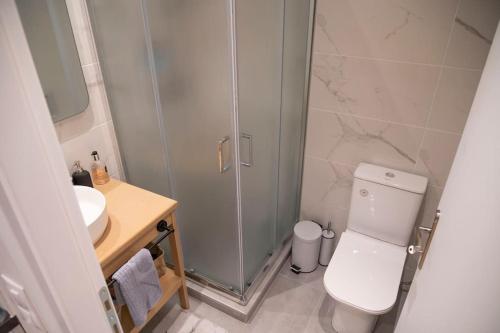 uma casa de banho com um chuveiro, um WC e um lavatório. em Ivi's Home Alexandroupoli em Alexandroupoli
