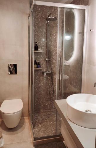 a bathroom with a shower and a toilet and a sink at Kagiampakis Concept Residences in Avdou