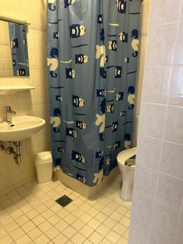 een badkamer met een blauw douchegordijn, een toilet en een wastafel bij Dos Gauchos in Grünheide