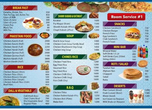 a menu for a restaurant with a bunch of food at Cosy Inn Guest House in Karachi