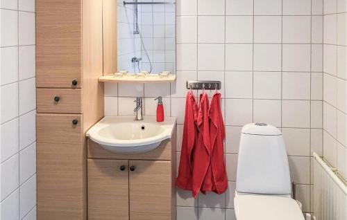 Baño pequeño con aseo y lavamanos en Gorgeous Apartment In Sdra Vi With Kitchen, en Södra Vi