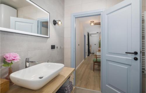 La salle de bains est pourvue d'un lavabo blanc et d'un miroir. dans l'établissement 4 Bedroom Stunning Home In Zbandaj, à Žbandaj