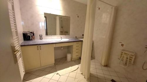 W łazience znajduje się umywalka i lustro. w obiekcie Le gite gravieres w mieście Buglose