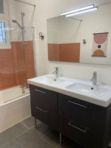 une salle de bain avec un lavabo, un miroir et une baignoire dans l'établissement Appartement 3 Chambres lumineux Caen hyper CENTRE, à Caen