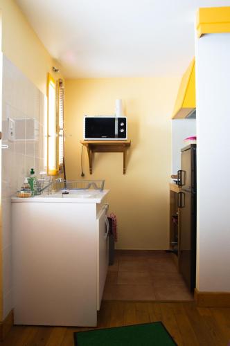 eine Küche mit einer Spüle und einer Mikrowelle in der Unterkunft Studio calme et chaleureux in Brive-la-Gaillarde