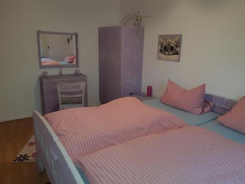 a bedroom with two beds and a mirror at Ferienwohnung Antjes Odenwaldzauber in Brombachtal