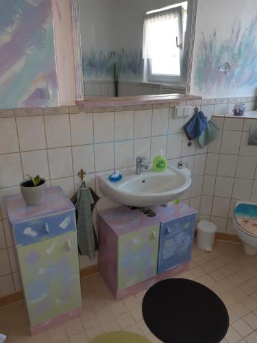 a bathroom with a sink and a toilet at Ferienwohnung Antjes Odenwaldzauber in Brombachtal