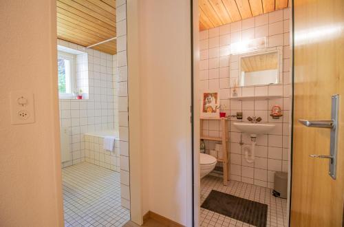 a bathroom with a toilet and a sink at Weisshorn Apartment by Arosa Holiday in Arosa