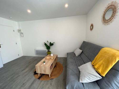 un salon avec un canapé gris et une table dans l'établissement Le Palais MAYA - Lumineux - Wifi, à La Grande Motte