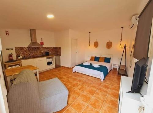 1 dormitorio con 1 cama y TV en una habitación en Monte Argil en Montargil