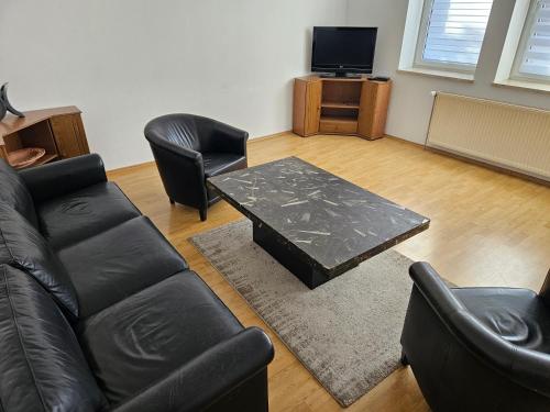 a living room with a leather couch and a coffee table at FeWo3 Köthen 