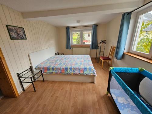 1 dormitorio con cama y ventana en Wutachschlucht - spacious apartment in renovated farmhouse, en Bonndorf