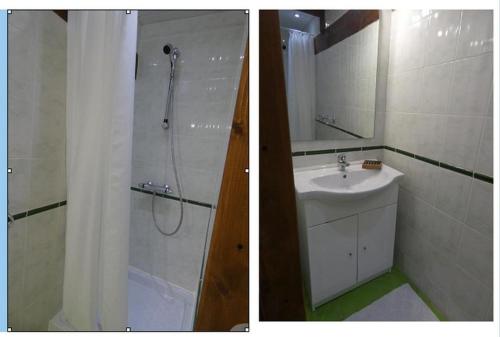 2 fotografías de un baño con ducha y lavabo en Bassibe, en Lacquy