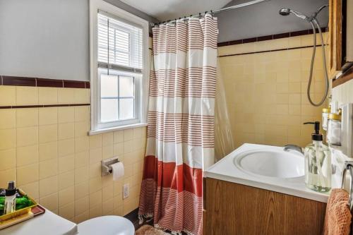 uma casa de banho com uma cortina de chuveiro e um lavatório em Eclectic 4Bed with BBQ-Firepit-Games-secretGarden & 7 mile to Downtown em Mount Lebanon