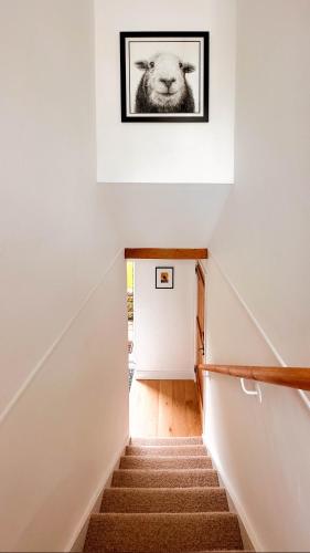 a stairway with a picture of a sheep on the wall at A D Barn in Fremington