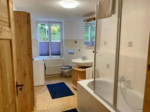 a bathroom with a shower and a sink at Ferienwohnung Prinzenhöhe in Herrsching am Ammersee