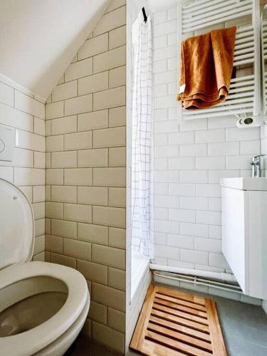 a white bathroom with a toilet and a shower at Jolie studio Parisien in Paris