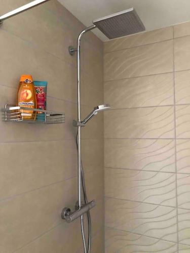 a shower with a glass door in a bathroom at Stylisches Maybach Appartement mit Terrasse für 5 Personen, 5 Betten, große Kochinsel, Homeoffice mit 250Mbit WLAN in Aidlingen