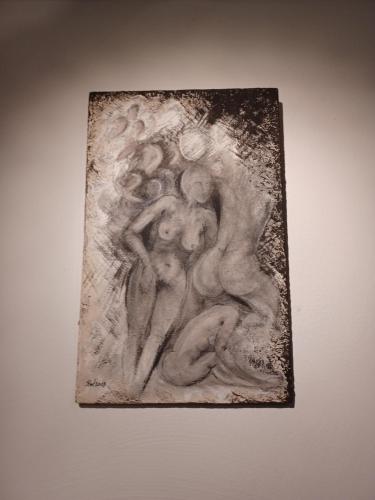 a painting of a group of women on a wall at Kleine Galerie Apartment für 3 mit Küche Kamin Netflix Parken und Hofladen in Steinhöfel