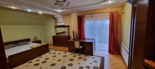 una camera da letto con un letto, una scrivania e una finestra di VILLA VERA a Berehove
