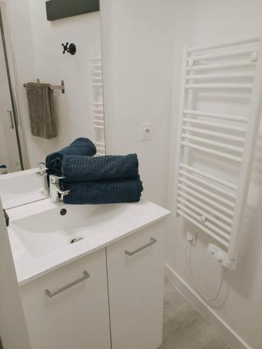 un bagno con lavandino, specchio e asciugamani di Escale à Clisson - L'atelier a Clisson