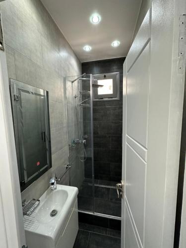 een badkamer met een douche, een wastafel en een bad bij maison luxe et conviviale à HYDRA F6 in Alger