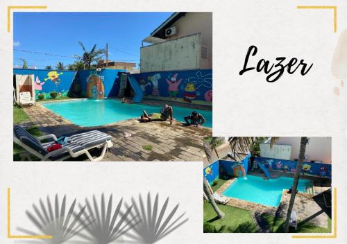 a collage of photos of a swimming pool with a person in at Hostel Recanto Peruíbe in Peruíbe