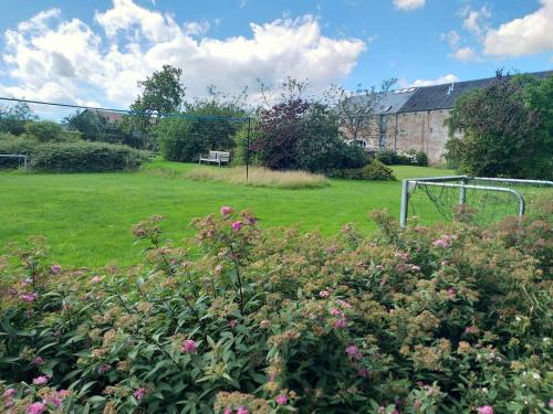 a field with a soccer goal and flowers at Maison Berton in Gedinne