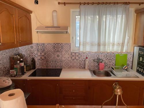 a kitchen with a sink and a window at Thanasis house in Dhimitsana
