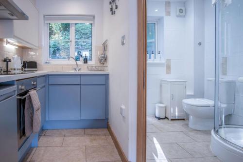 a bathroom with a toilet and a sink and a shower at Tor Bay Cottage - 1 Bedroom - Parkmill in Parkmill