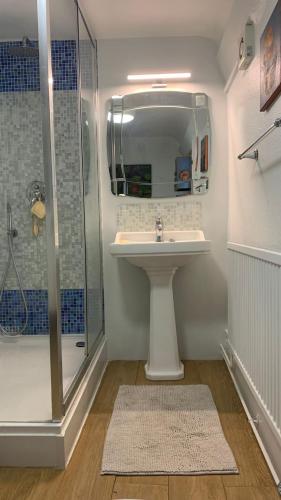a bathroom with a sink and a shower at The Totnes Guest House. Upstairs at Zappa's in Totnes