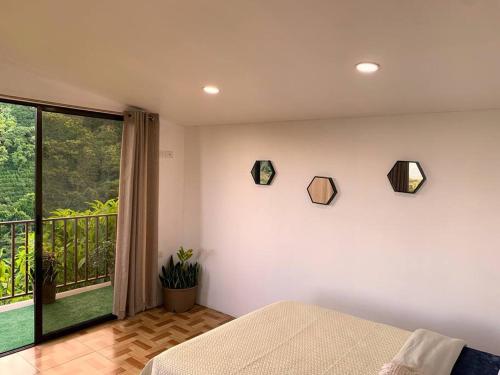 - une chambre avec un lit et une fenêtre avec un balcon dans l'établissement Lola's Loft, à Grecia