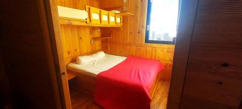 Cette chambre en bois comprend un petit lit et une fenêtre. dans l'établissement STANDING 5 Pax LES MENUIRES, aux Menuires