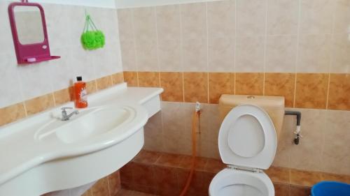 La salle de bains est pourvue de toilettes blanches et d'un lavabo. dans l'établissement Padusi Homestay, à Kampar