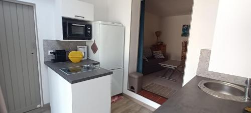 une petite cuisine avec un réfrigérateur et un évier dans l'établissement LES ESTIVALES Proche plage et port 4 pers Grande terrasse clim 2 chambres, à Saint-Cyprien