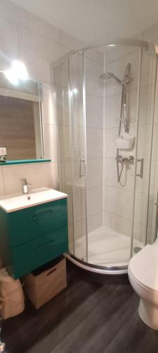 une salle de bain avec une douche, un lavabo et des toilettes dans l'établissement LES ESTIVALES Proche plage et port 4 pers Grande terrasse clim 2 chambres, à Saint-Cyprien