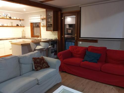 uma sala de estar com um sofá vermelho e um ecrã em Hill House with City view em Dezmir