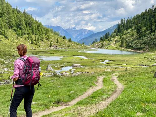 a woman with a pink backpack walking down a trail at Appart Gfall in Ried im Oberinntal